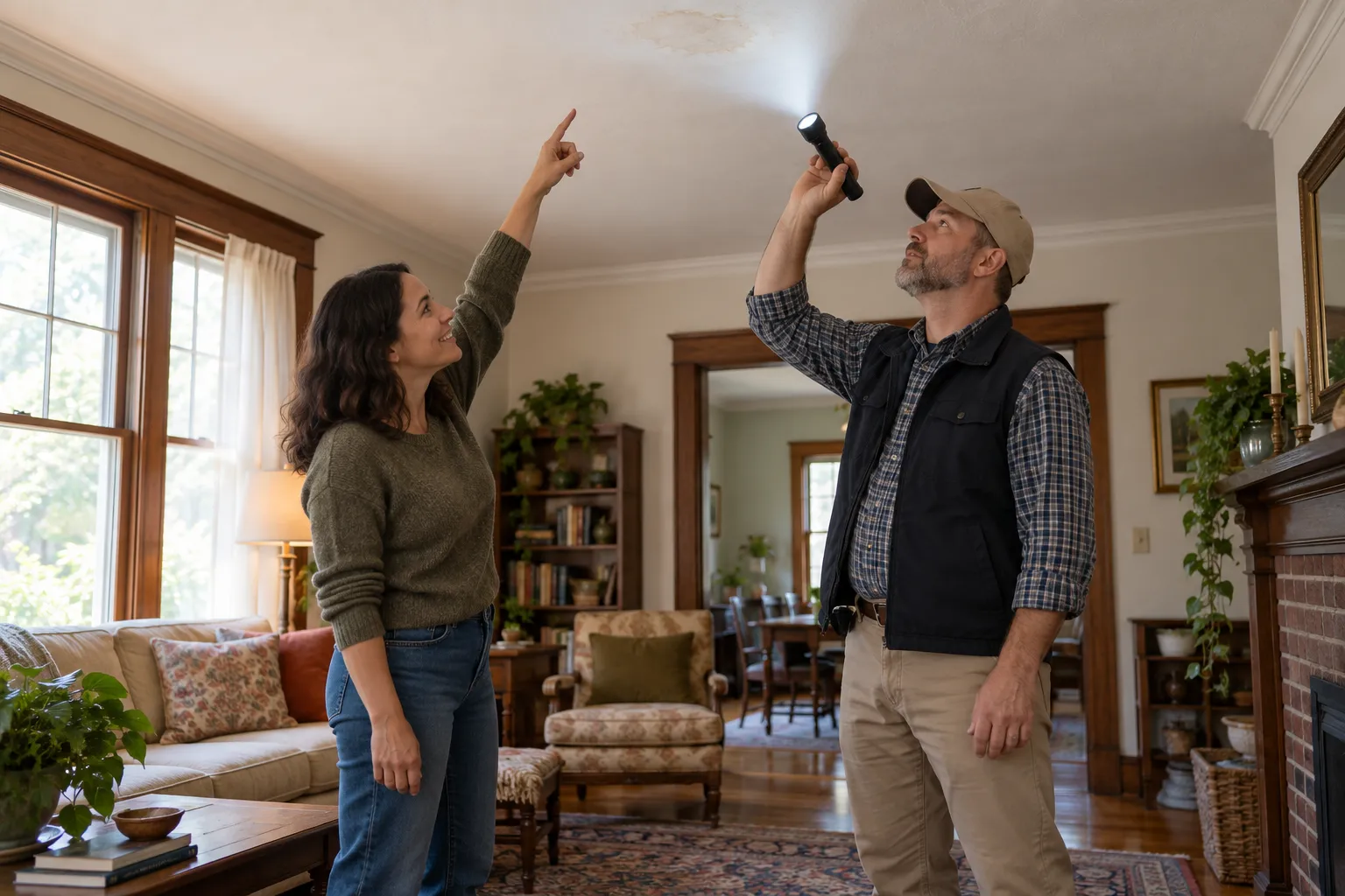 Provider reviewing a ceiling stain in an older home in the Green Lane area