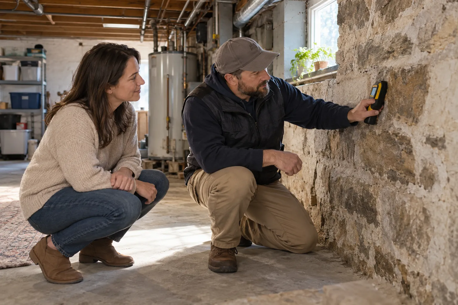 Homeowner checking a damp basement wall for early mold signs in Green Lane